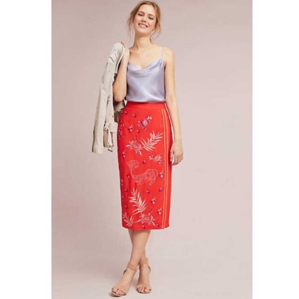 NEW Anthropologie Embroidered Midi Pencil Skirt M
